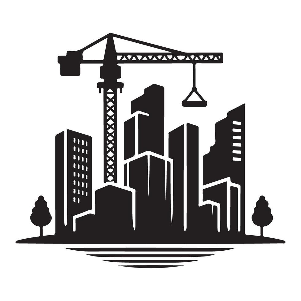 Urban Skyline Construction Scene with Trees Silhouette Art vector