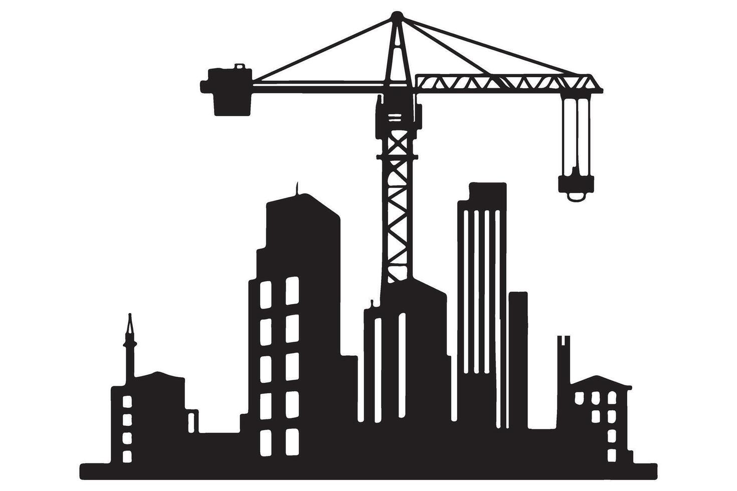 Construction Site Silhouette Illustration with Crane and City Skyline vector