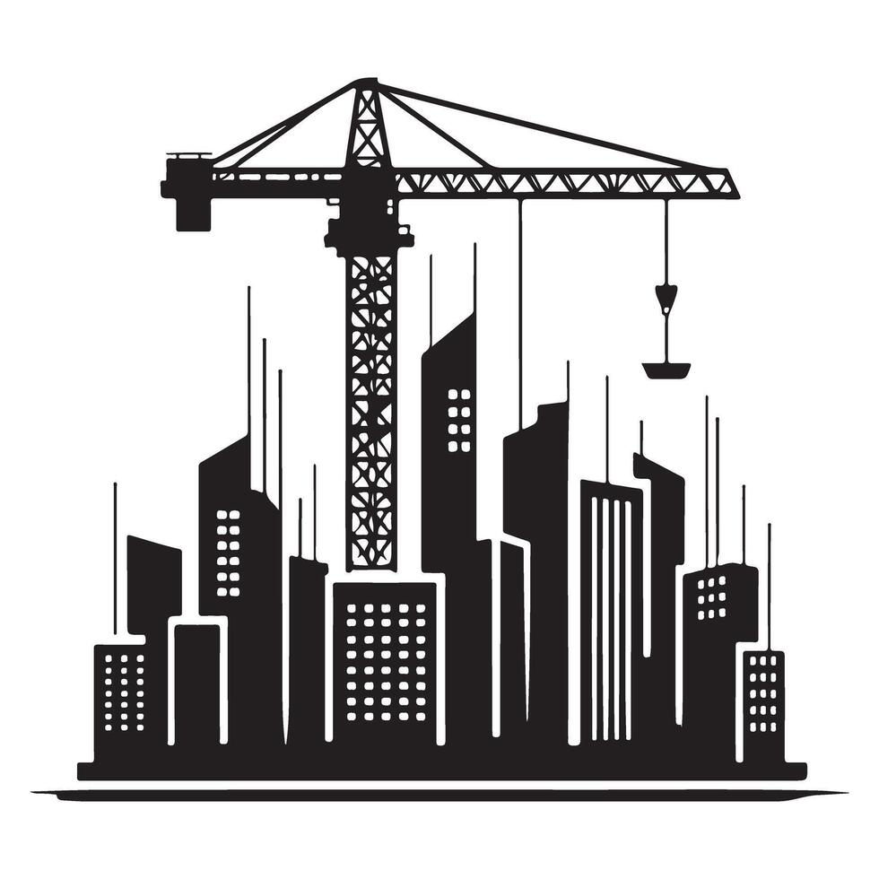 Dynamic Cityscape Under Construction with Tower Crane Silhouette vector