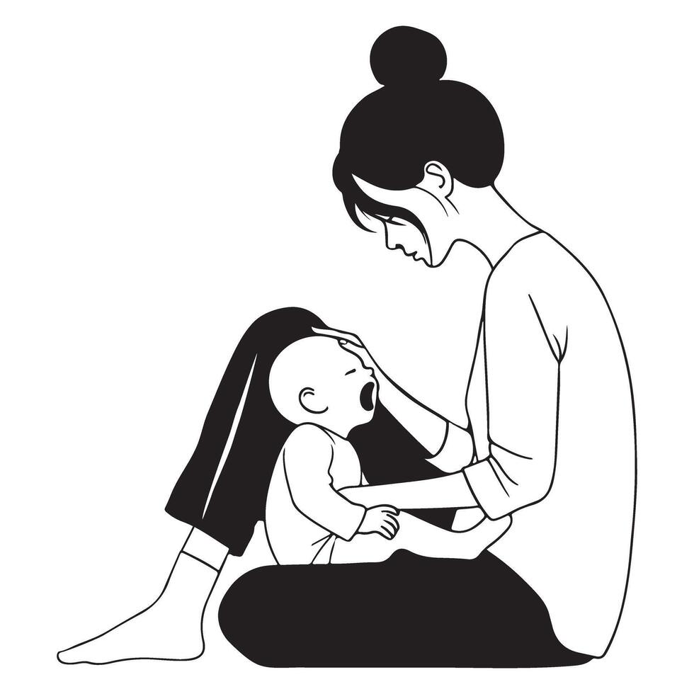 Caring Mother Soothes Sleepy Baby Silhouette Illustration vector