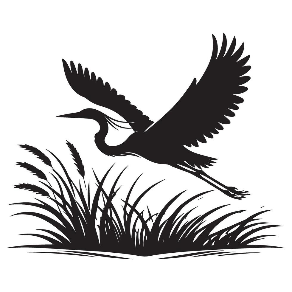 Silhouette Great Blue Heron Flying Over Marsh Grass Illustration Design vector