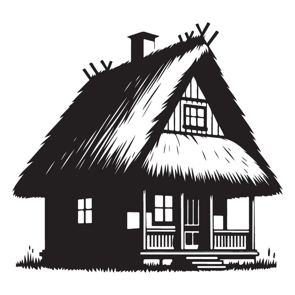 Quaint Thatched Roof Cottage Silhouette Illustration Rustic Home Design vector