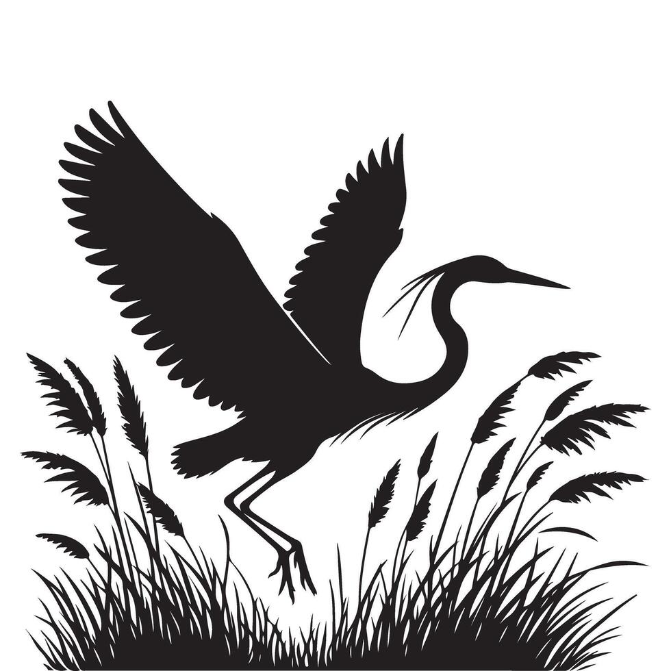 Heron Taking Flight A Silhouette Illustration with Grassy Background vector
