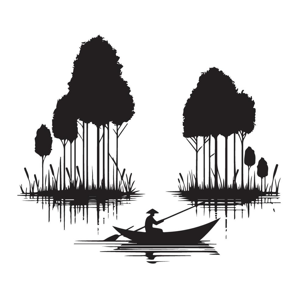 Silhouette Illustration of Asian Fisherman in Boat Peaceful Waterscape vector