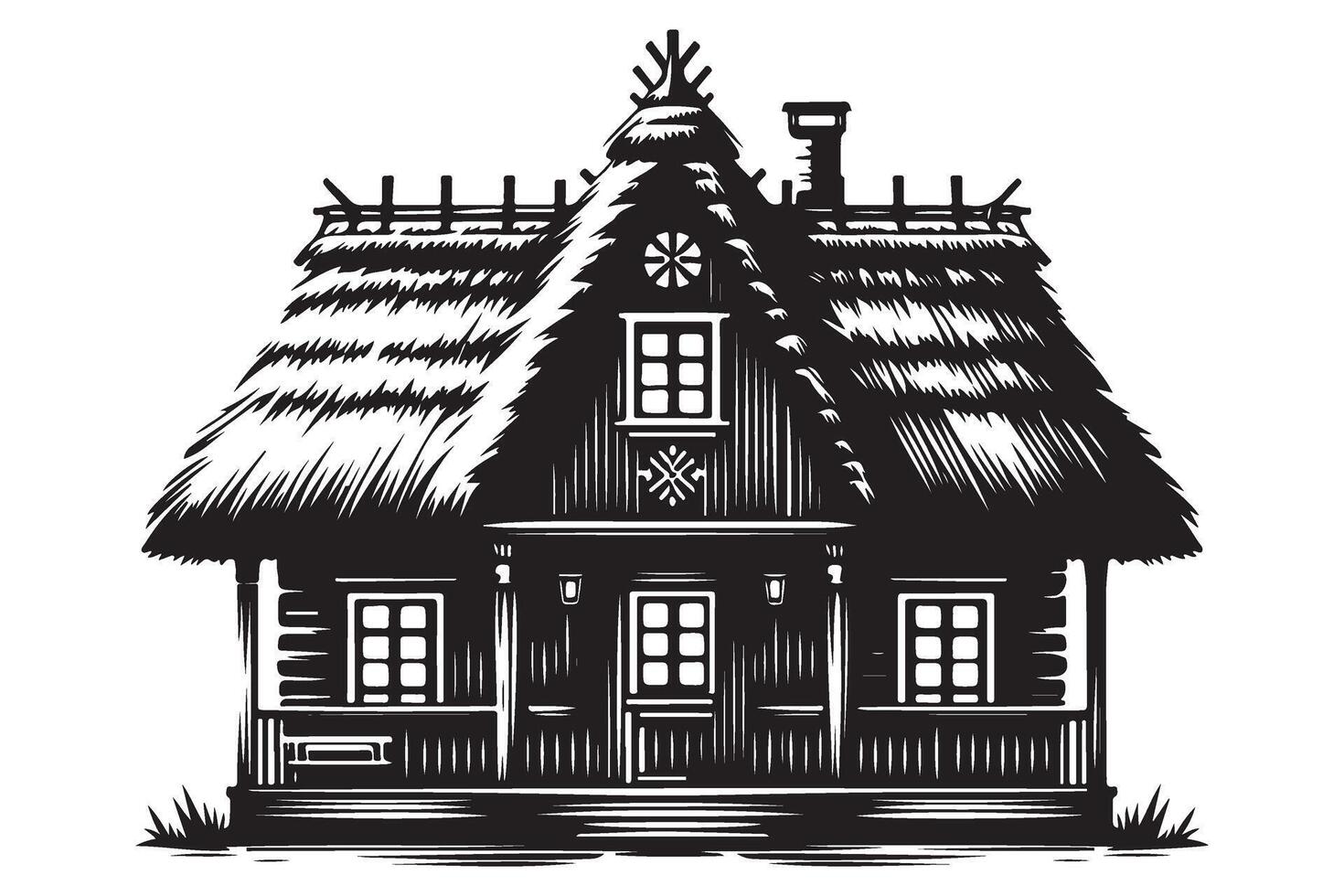 Rural Cottage Silhouette Illustration Isolated Home With Thatch vector
