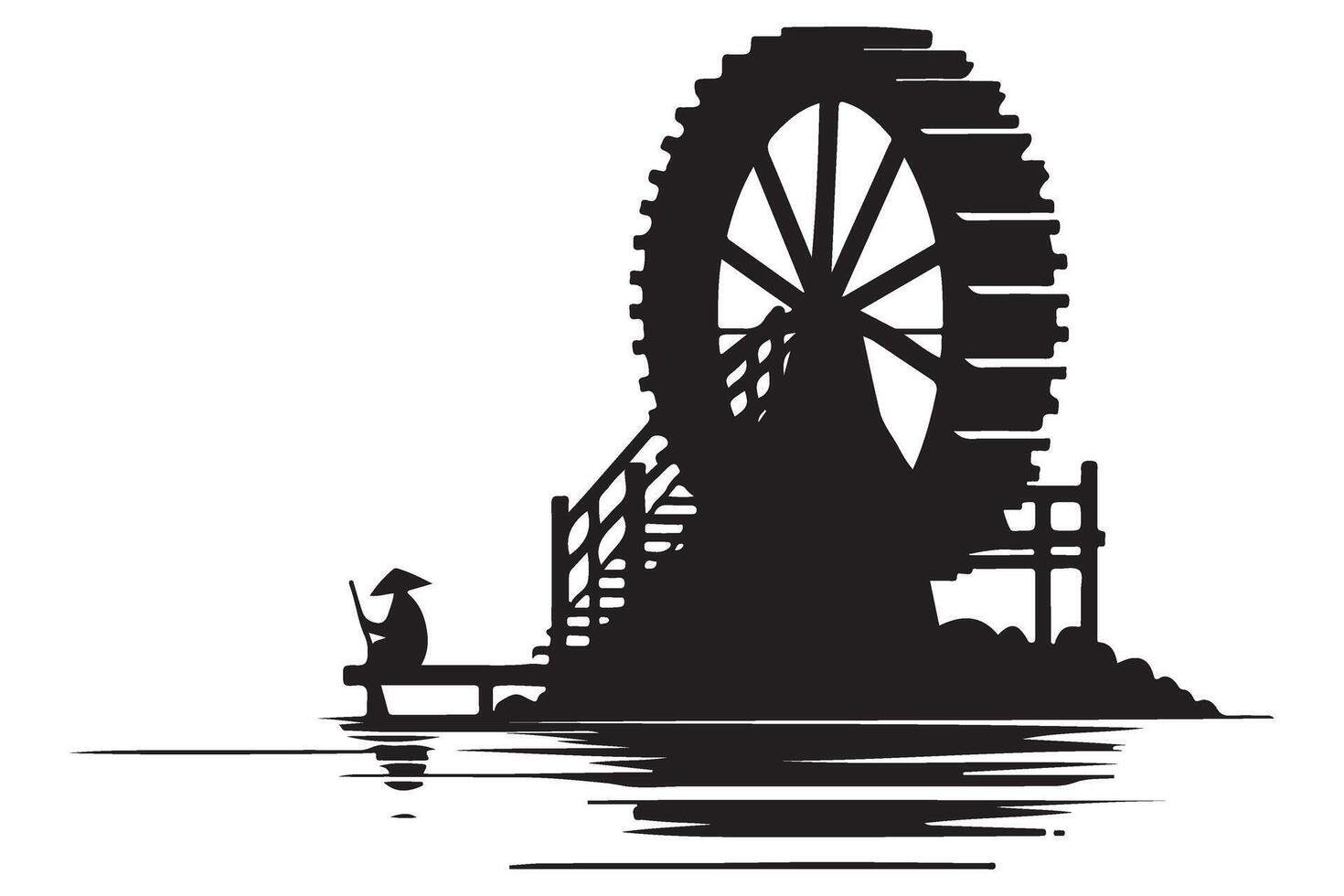Rustic water wheel illustration riverside mill and serene worker design vector