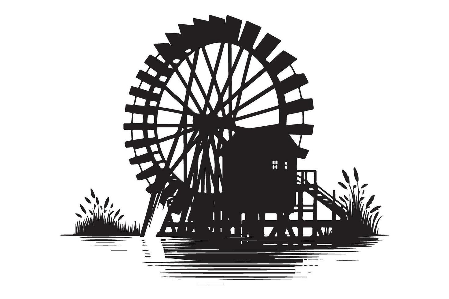 Rustic Water Wheel Silhouette for Vintage Mill Scenes vector