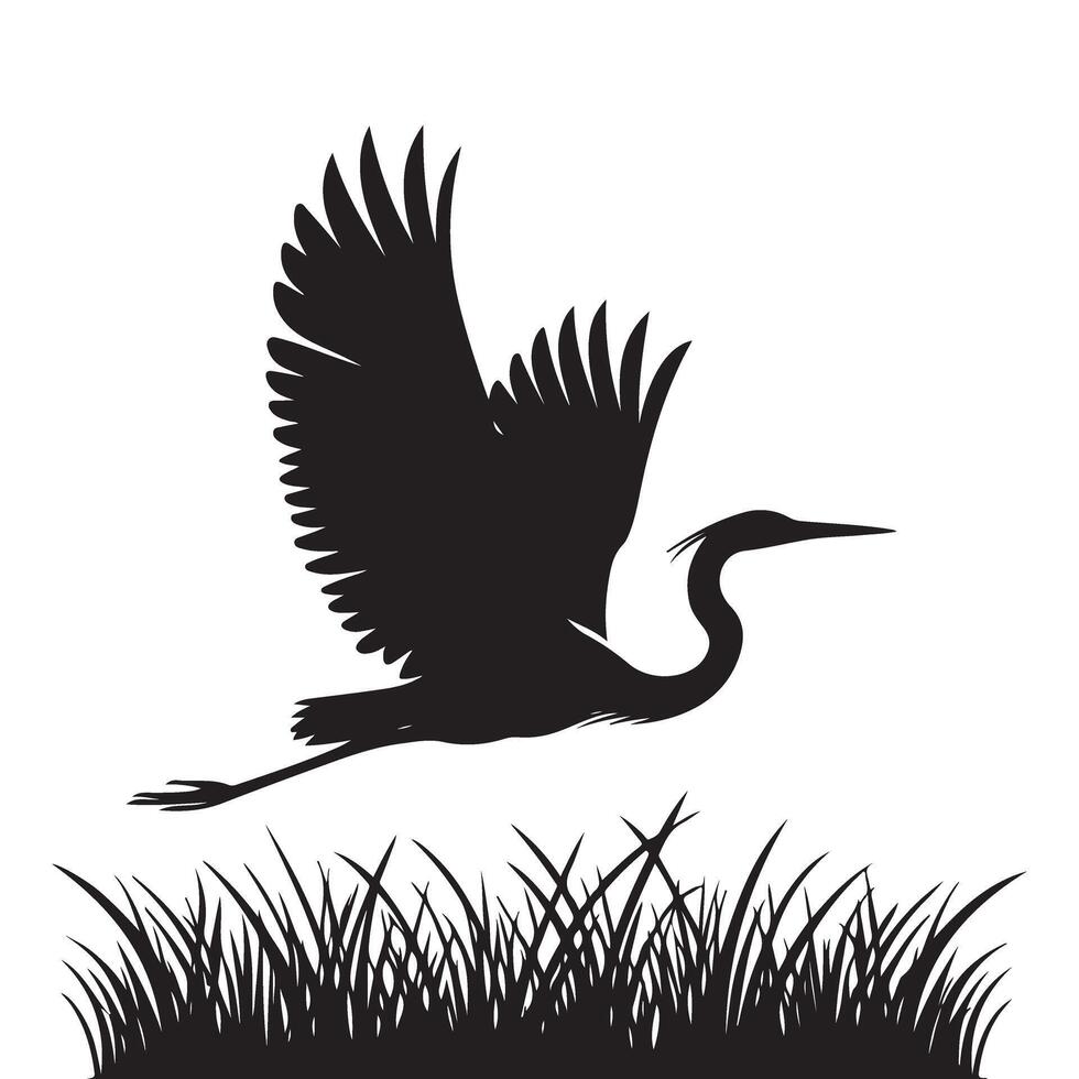 Elegant Heron Silhouette Flying Over Grassy Field Art vector