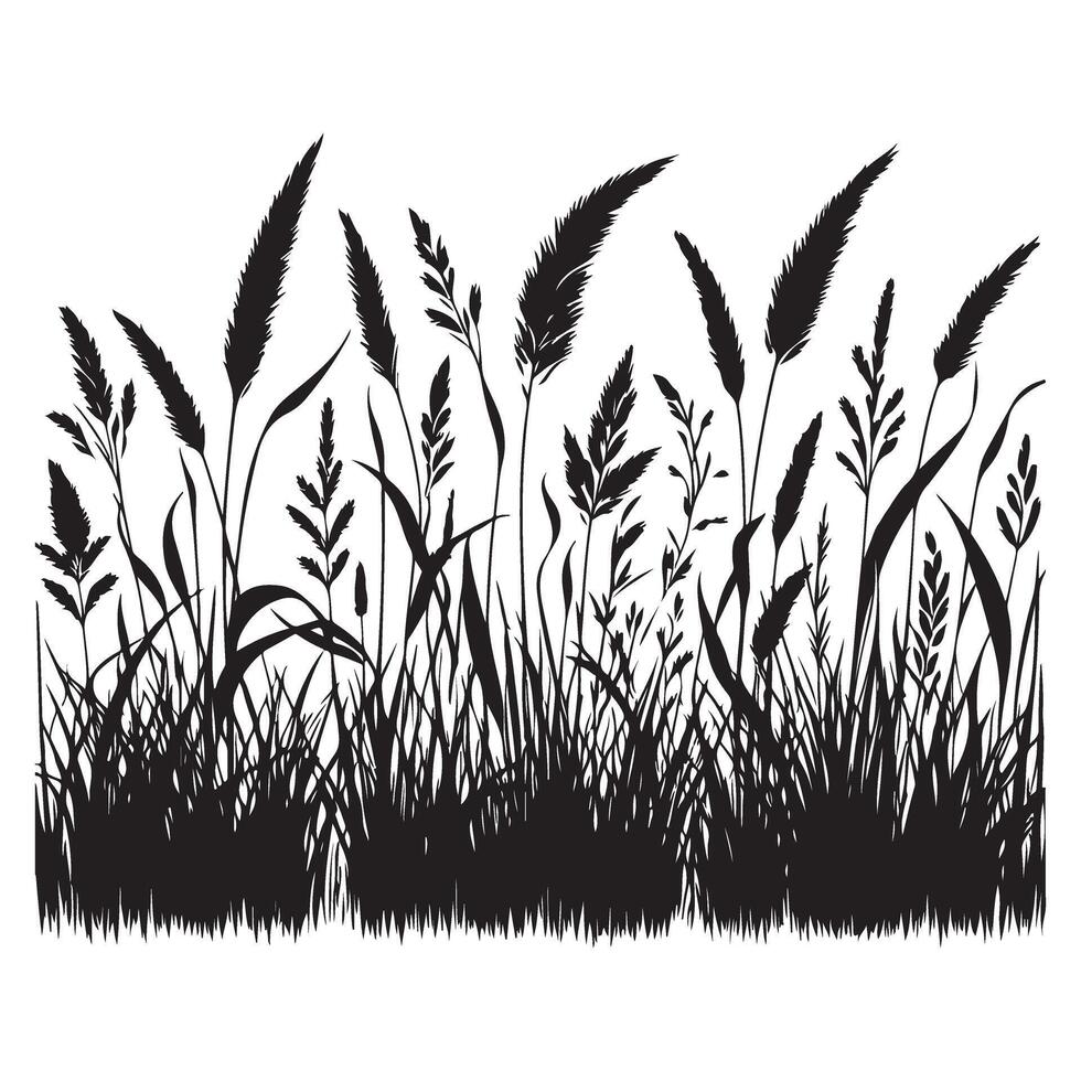 Abundant Grassy Field Silhouette Illustration with Various Plant Species vector