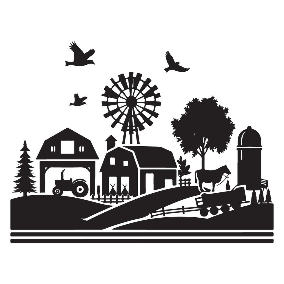Silhouette Illustration of Rural Farm Landscape Scene vector