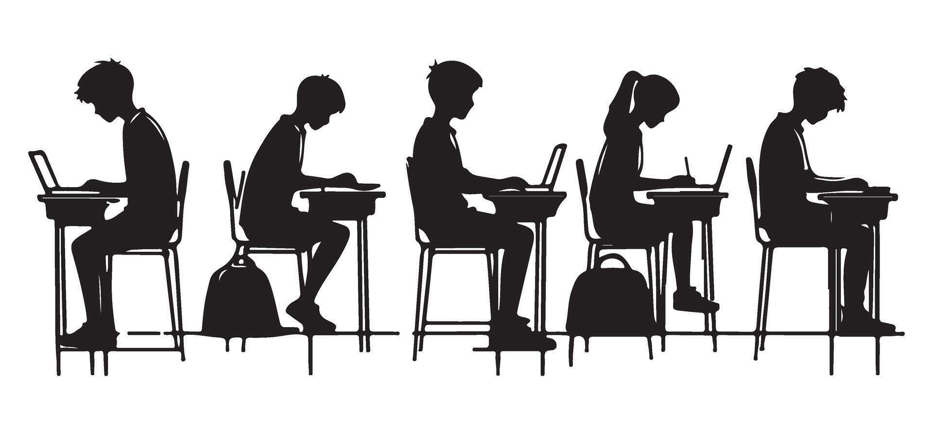 Students Silhouette Studying with Laptops in Classroom Setting vector