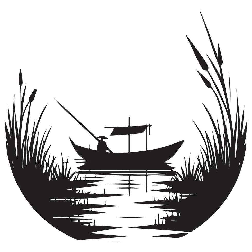 Silhouette Fisherman in Boat Illustration Tranquil Waters Reflection vector