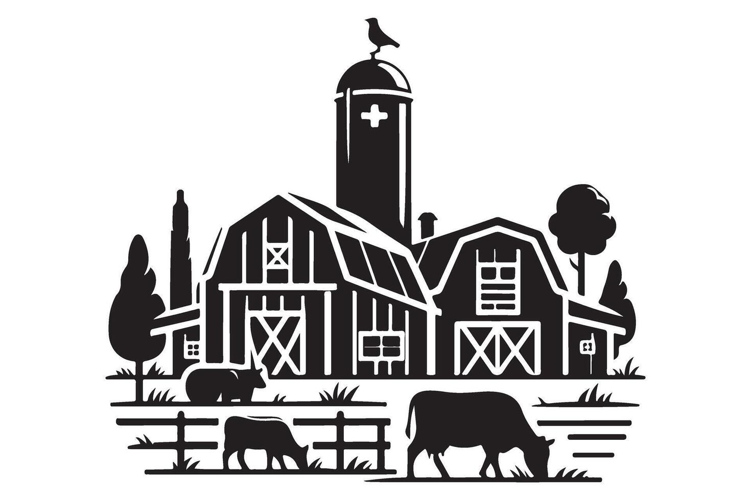 Vintage Farm Scene Silhouette Illustration with Barn and Cows vector