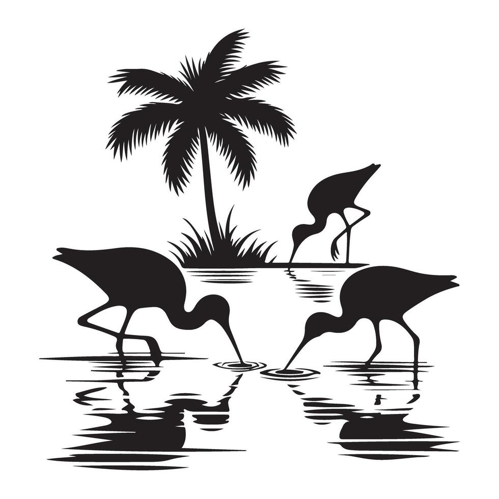 Tropical Birds and Palm Tree Silhouette Waterscape Scene Design vector