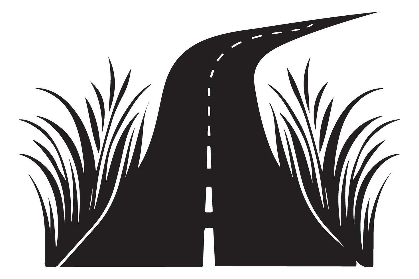 Curved Road Silhouette with Tall Grasses on Edges vector