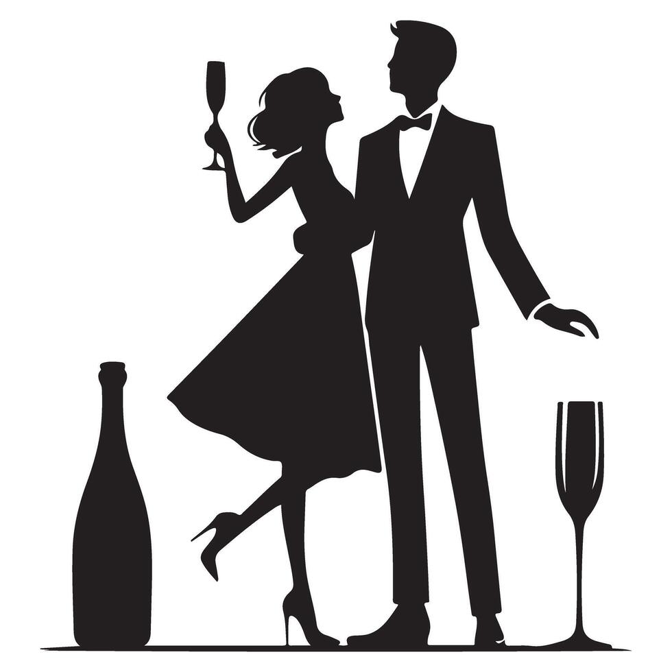 Elegant Silhouette Celebration of a Couple Toasting Champagne vector