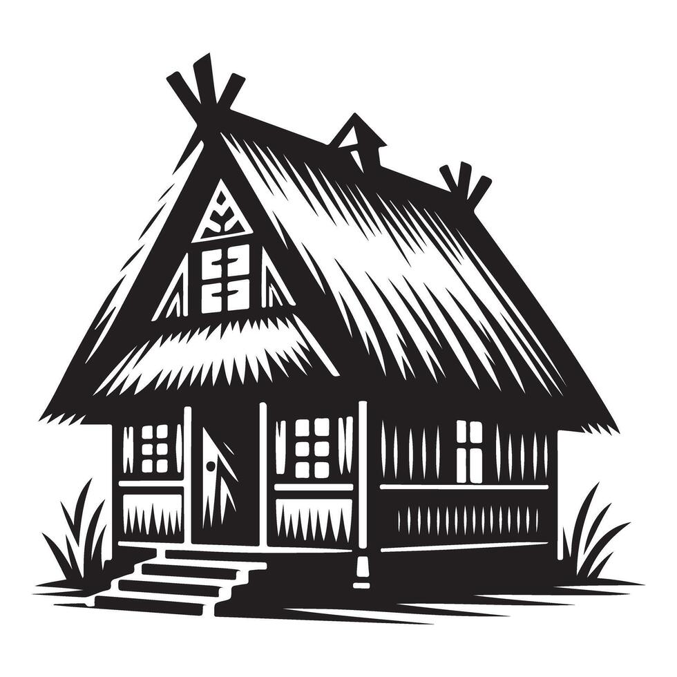 Charming Thatched Roof Cottage Silhouette Illustration in Rustic Style vector