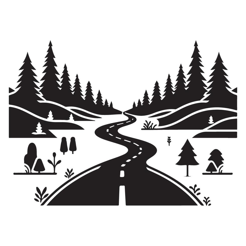 Scenic road trip landscape winding road and trees illustration vector