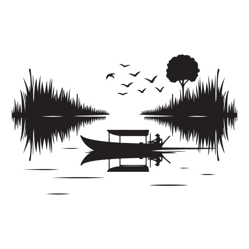 Reflective River Scene with Boatman Silhouette Nature's Tranquility Illustration vector