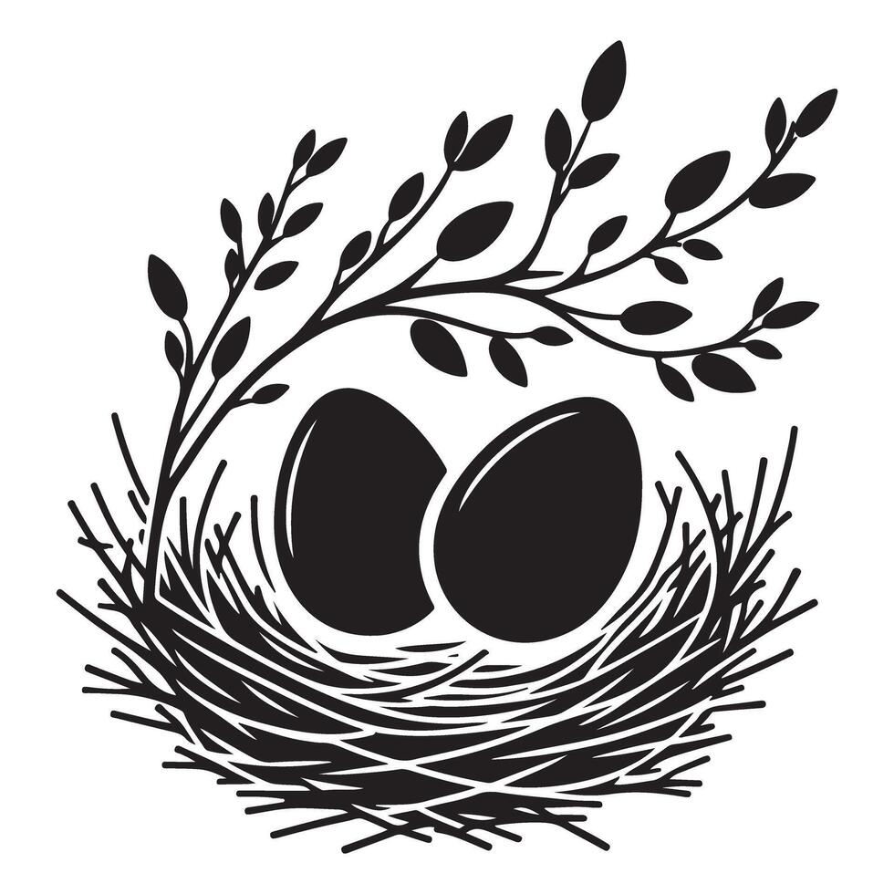 Whimsical Bird Nest Silhouette Illustration With Eggs and Branches vector