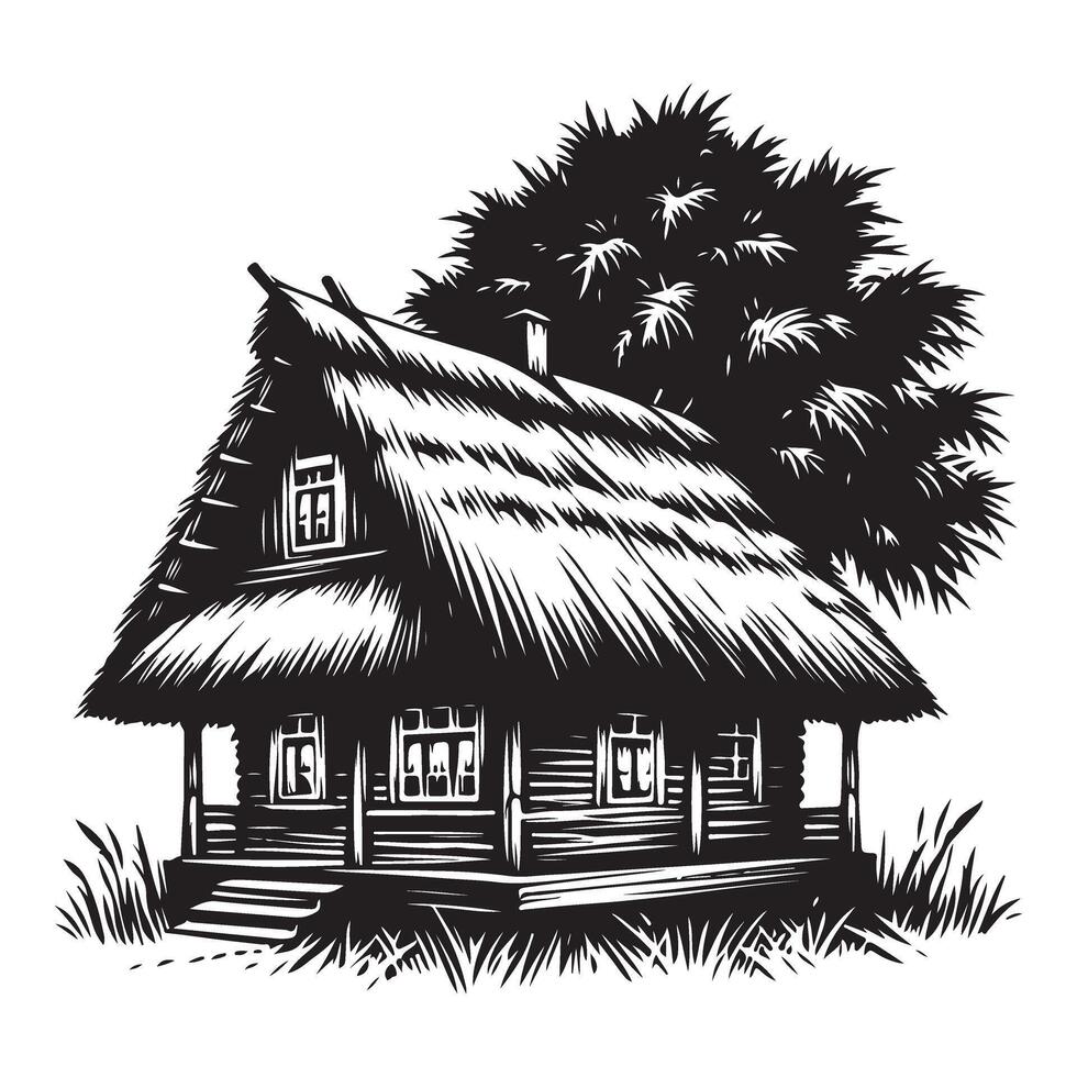 Rustic Thatched Roof House Silhouette Illustration with Tree Background Art vector