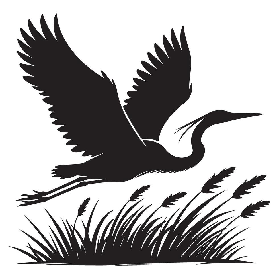 Majestic Heron Silhouette in Flight with Cattails for Nature Designs vector