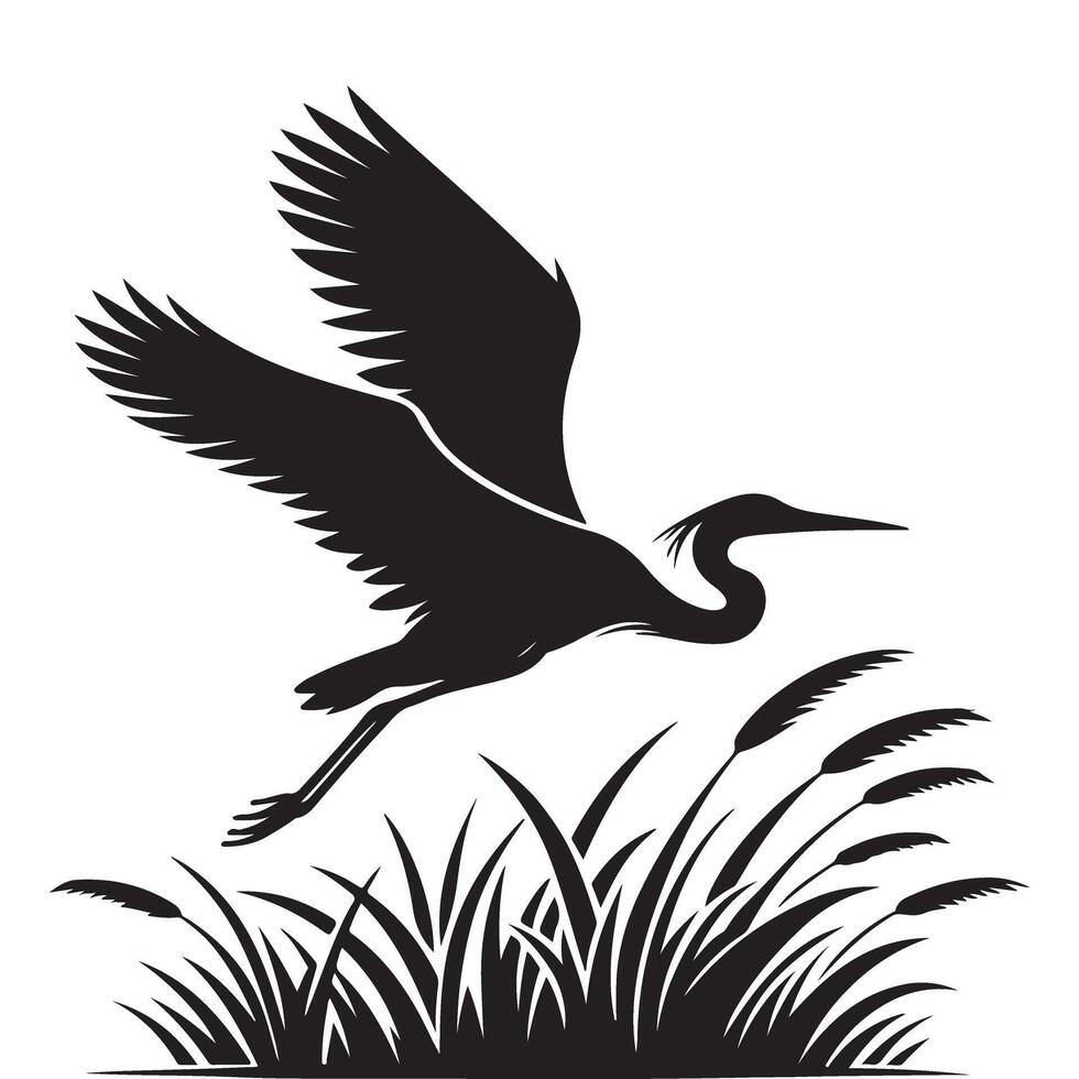 Heron Ascending A Silhouette Illustration of Wildlife in Marshland Scene vector