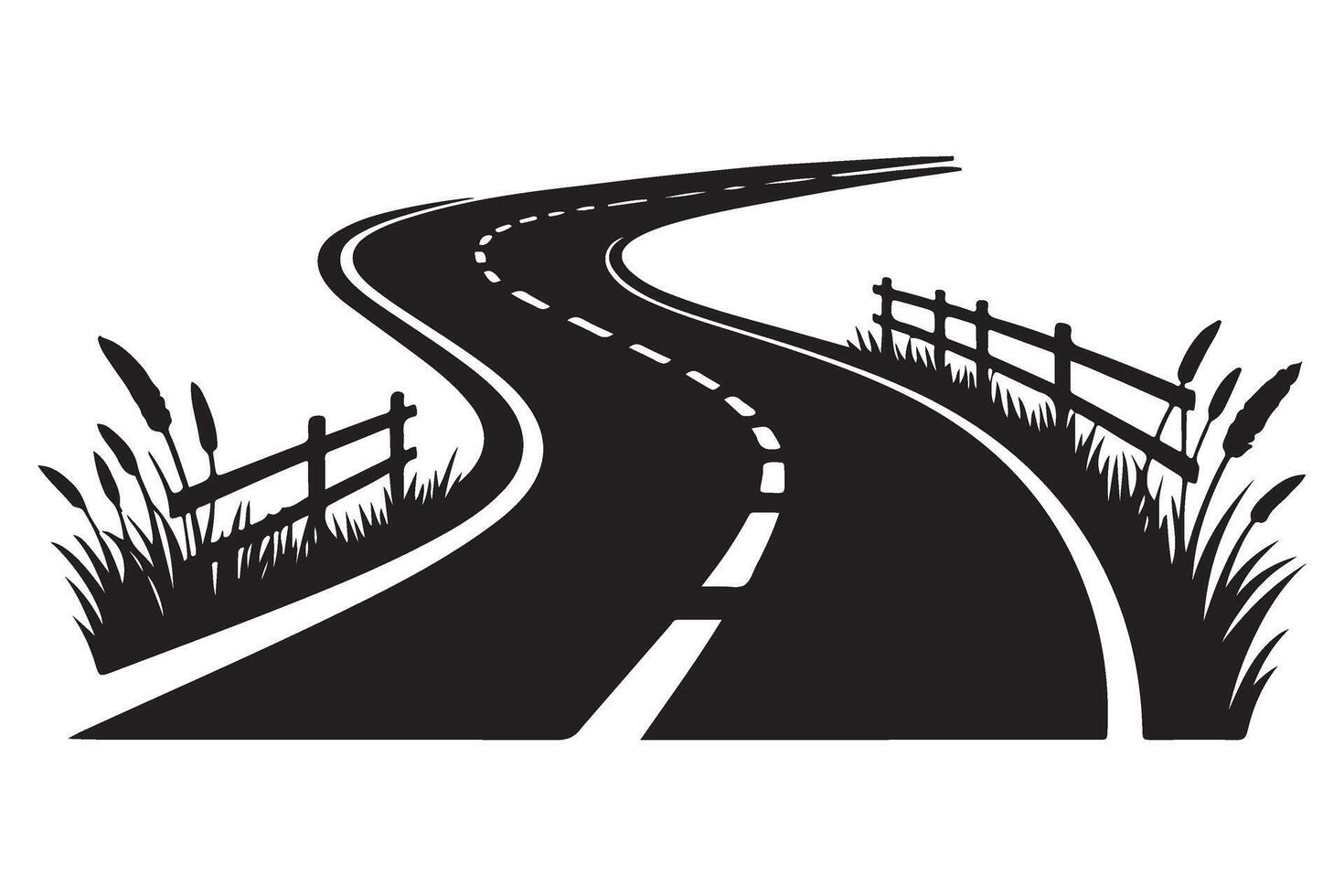 Winding Road Silhouette Illustration with Fence and Grassy Border Design vector