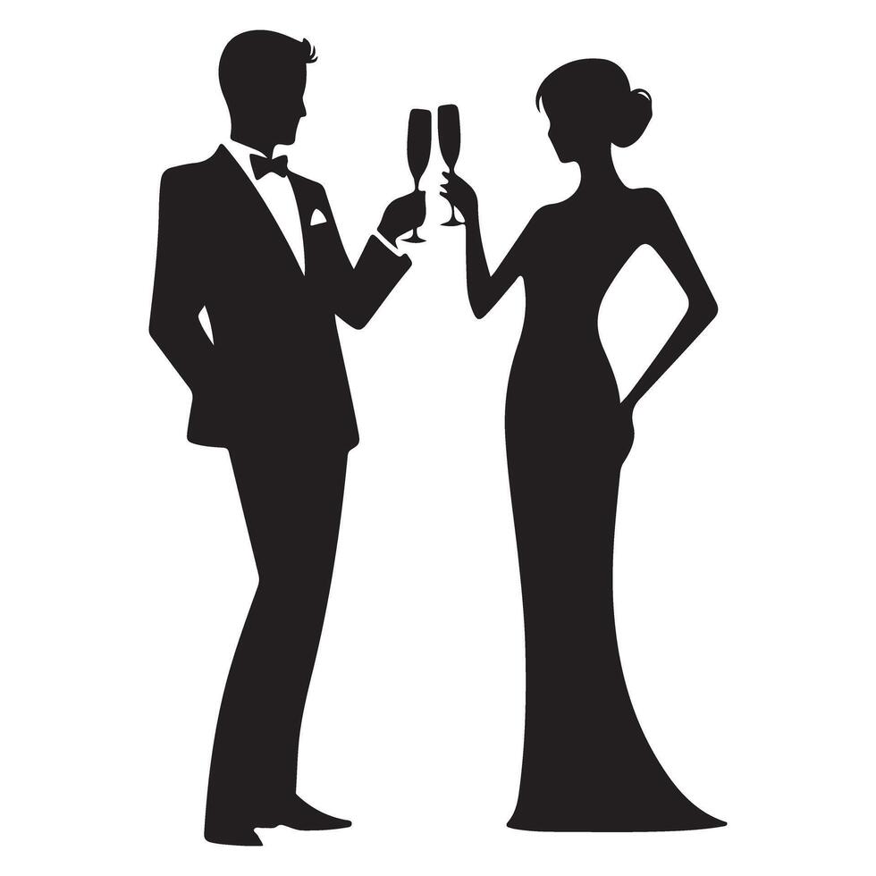 Elegant Couple Toasting with Champagne Silhouette Illustration Art vector