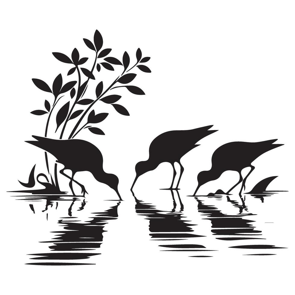 Tranquil Shorebirds Silhouette Illustration Drinking Water in Wetland Habitat vector
