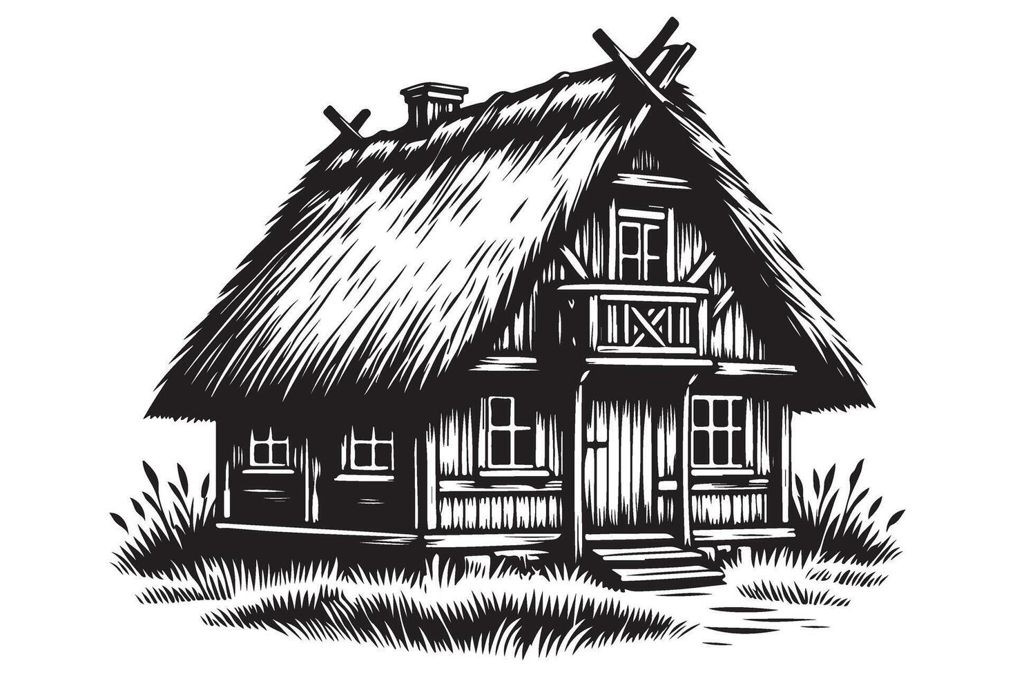 Rustic Thatched Cottage Illustration a Charming Countryside Home Design vector