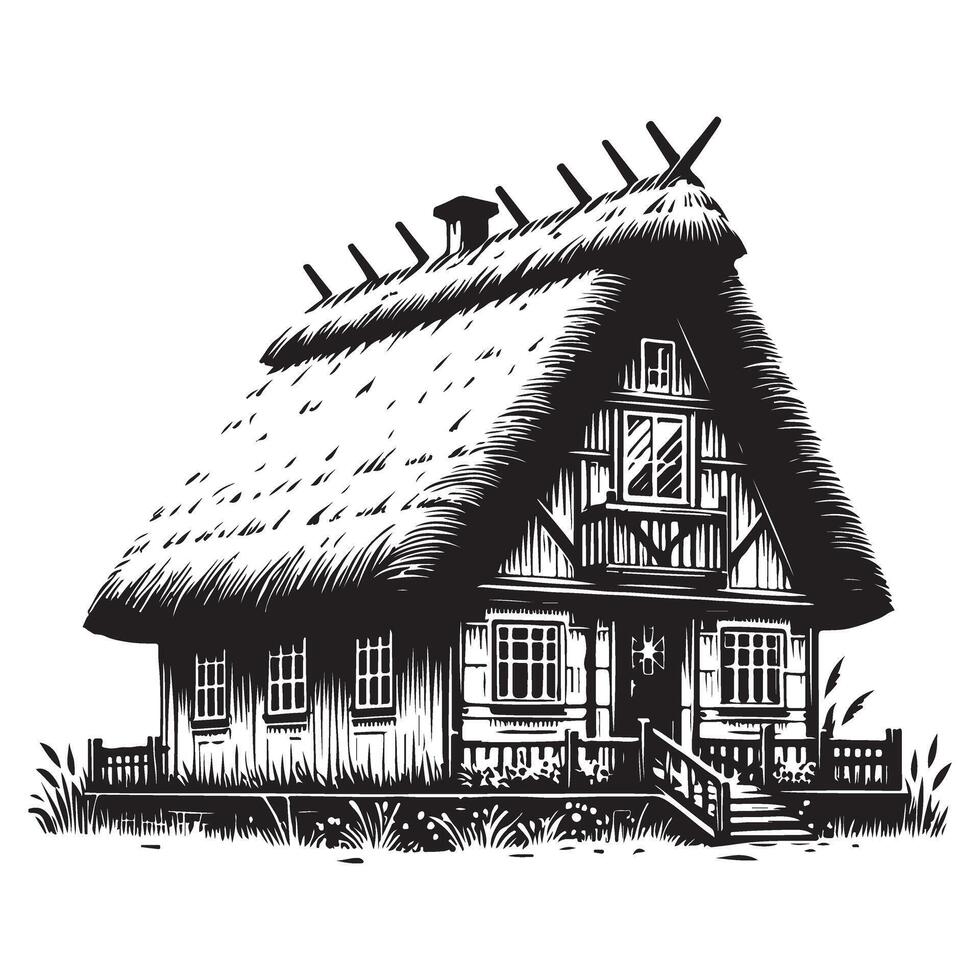 Traditional thatched roof house silhouette drawing for heritage vector