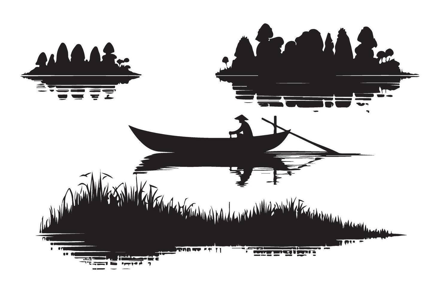 Scenic Lake Silhouette with Boat and Islands Illustration for Serene Designs vector