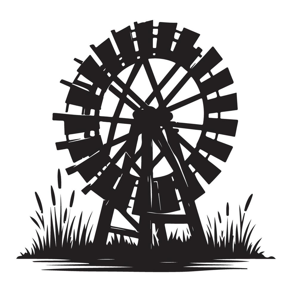 Classic water wheel silhouette illustration for ecological projects vector