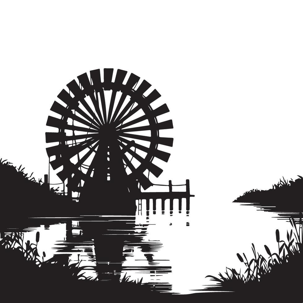 Water Wheel Silhouette Illustration at Riverside for Scenic Design Element vector