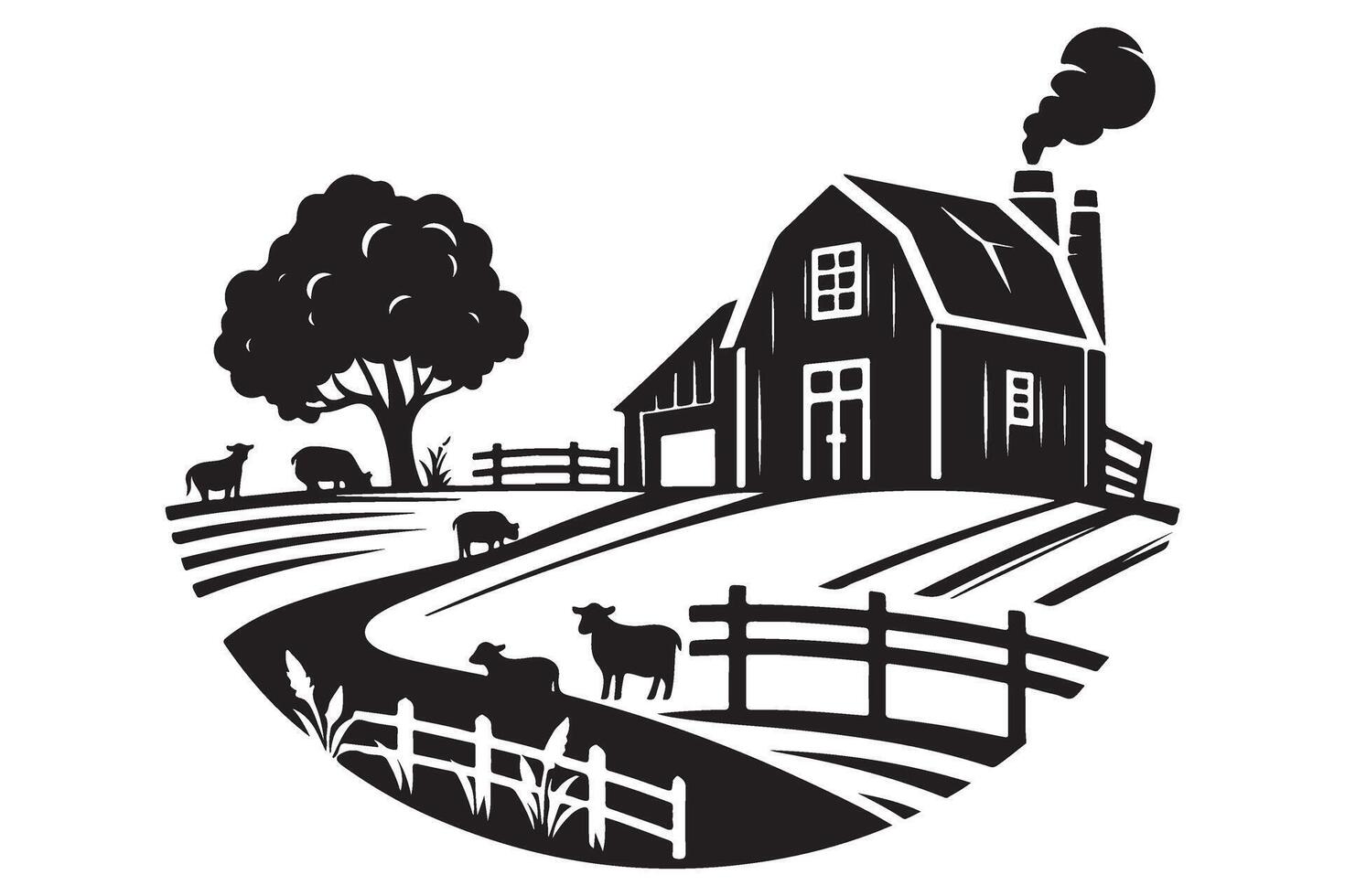 Silhouette Illustration of Barn with Sheep on a Farm vector