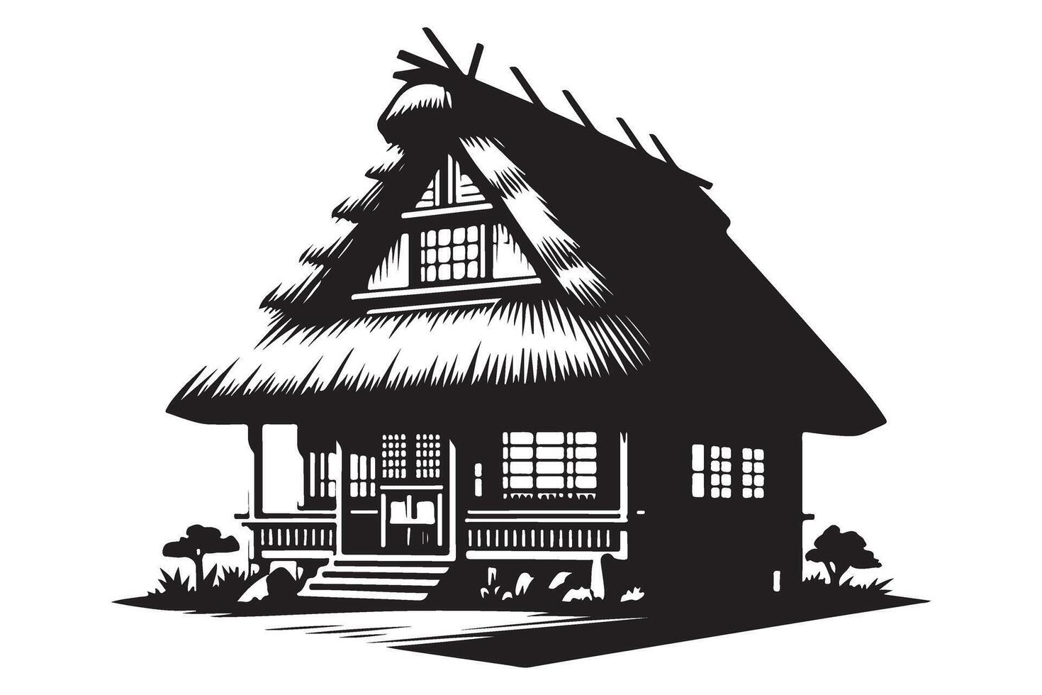 Traditional Japanese house silhouette thatched roof architecture style design vector