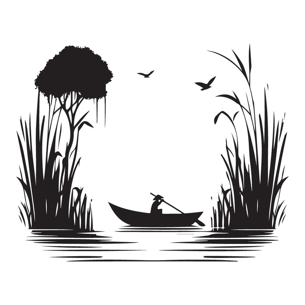 Tranquil Asian River Scene Boatman Silhouette Peaceful Nature Illustration vector