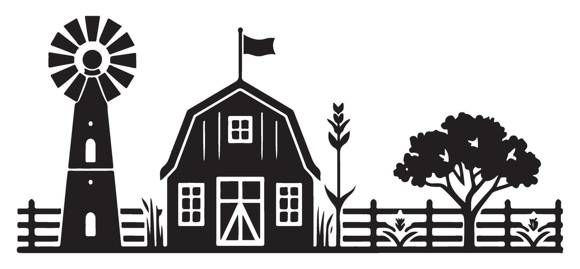 Charming Farm Silhouette Illustration A Timeless Countryside Scene Art vector