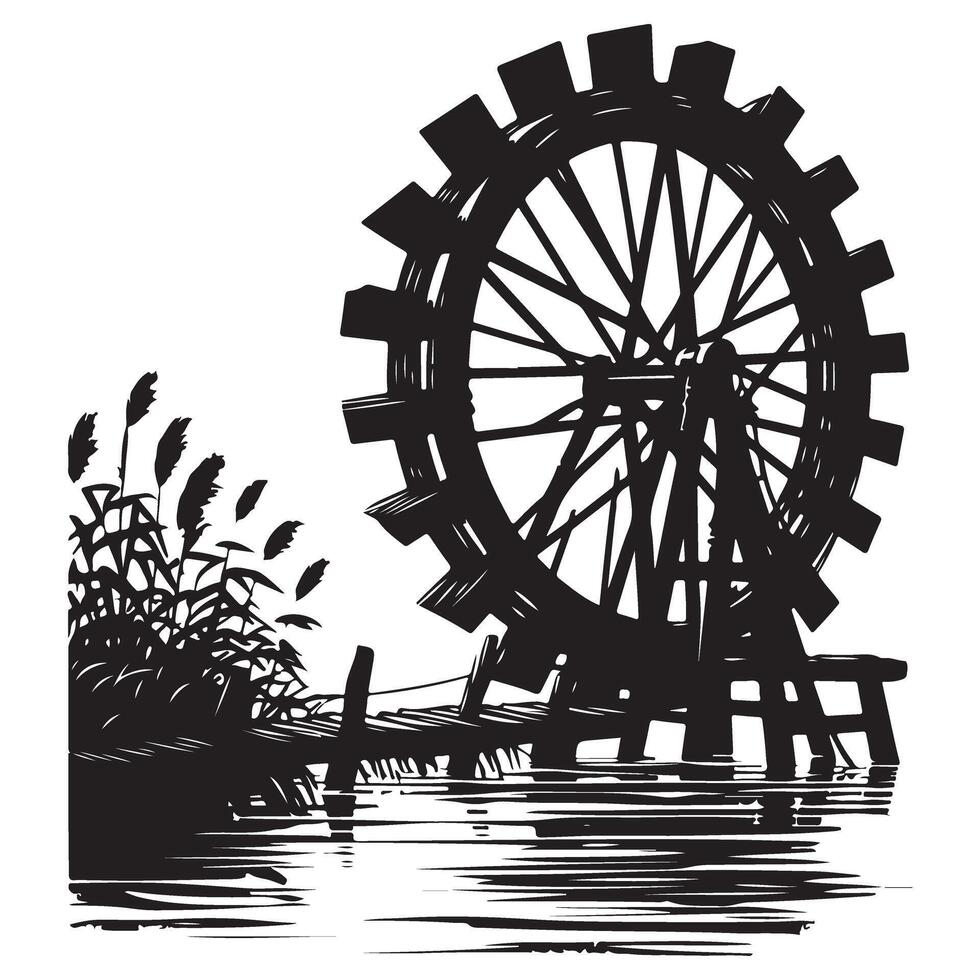 Vintage water wheel illustration silhouette old mill machinery river power vector