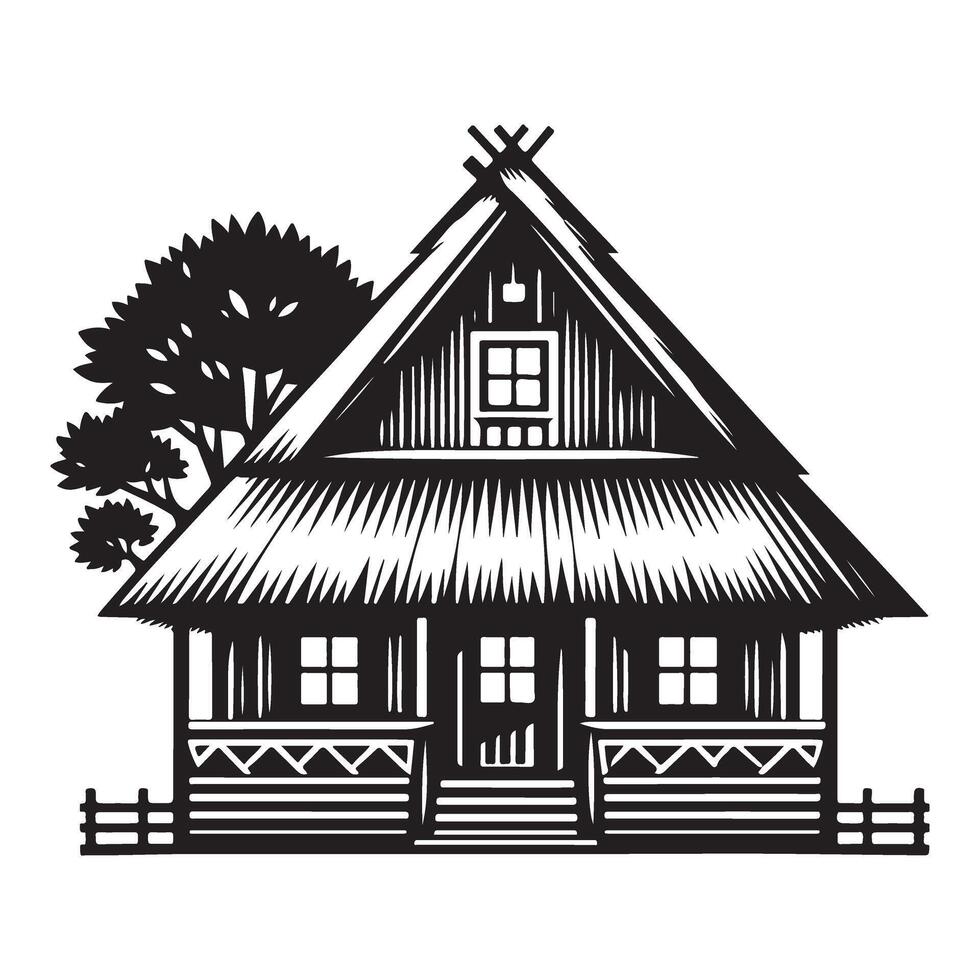 Charming Thatched Roof Cottage Black and White Illustration vector