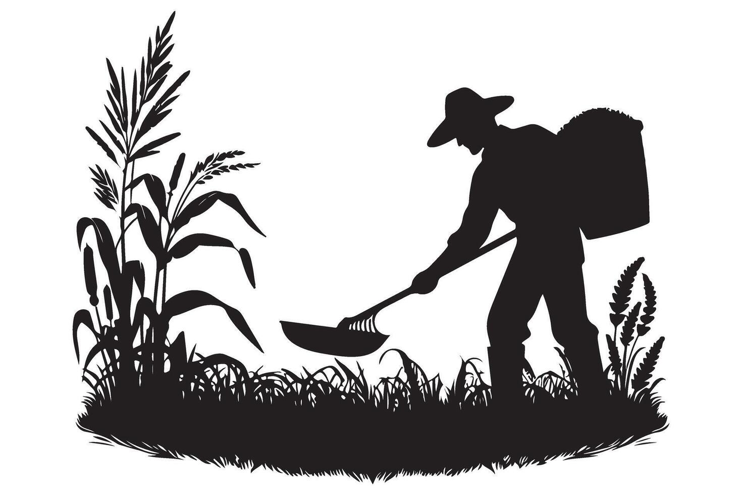 Silhouette Illustration Farmer Harvesting Rice Paddy Field with Tool vector