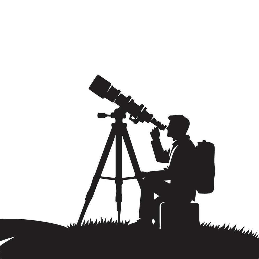 Silhouette of Astronomer Observing Night Sky with Powerful Telescope vector