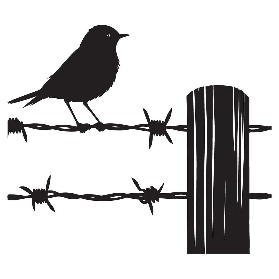 Bird Perched on Barbed Wire Fence Silhouette Illustration vector