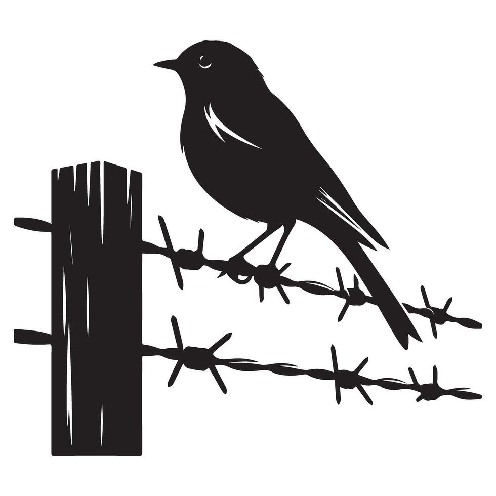Silhouette Bird Resting on Barbed Wire Illustration Image vector