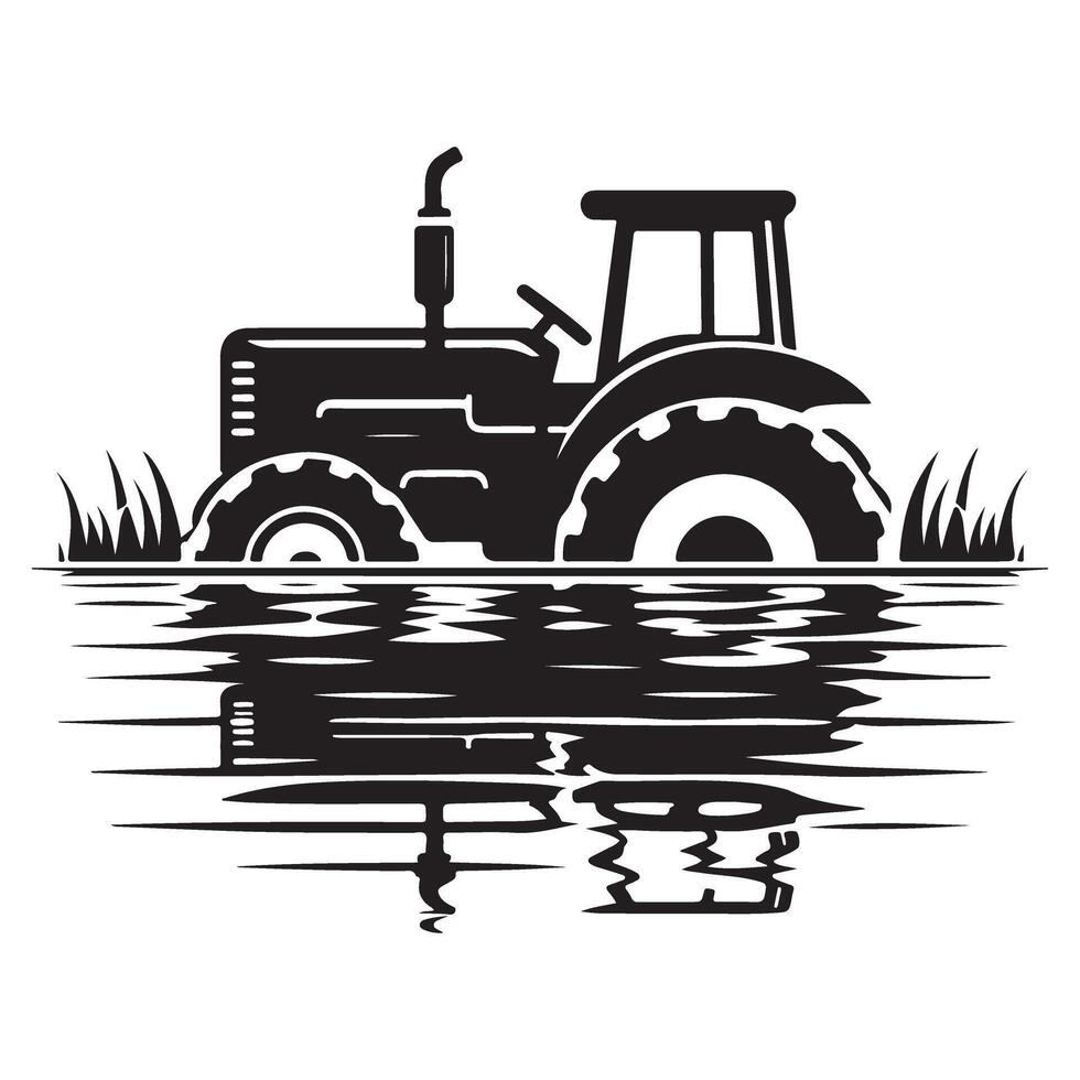 Tractor Silhouette in Water Reflecting Rural Farming Scene vector