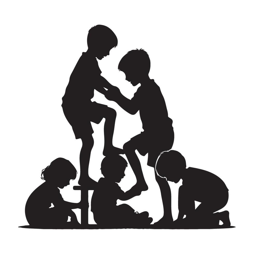 Kids Building Pyramid Silhouette Illustration Children Teamwork Concept vector