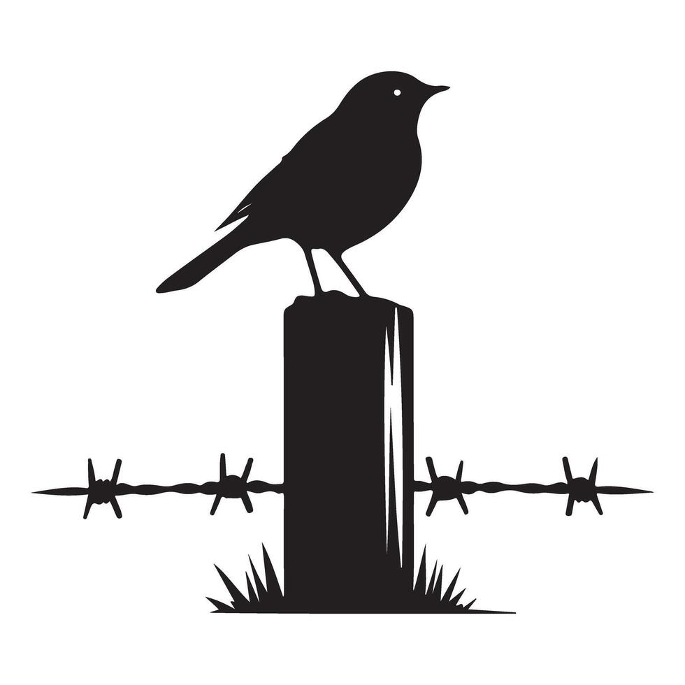 Silhouette bird on fence post rural countryside illustration art vector