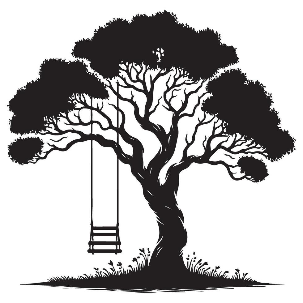 Silhouette Tree with Swing Illustration Peaceful Nature Scene Artwork vector