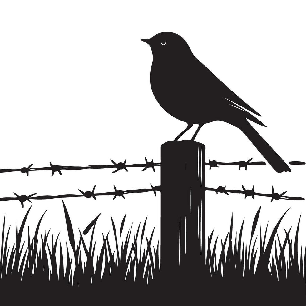 Bird perched on fence post silhouette illustration for rustic charm vector
